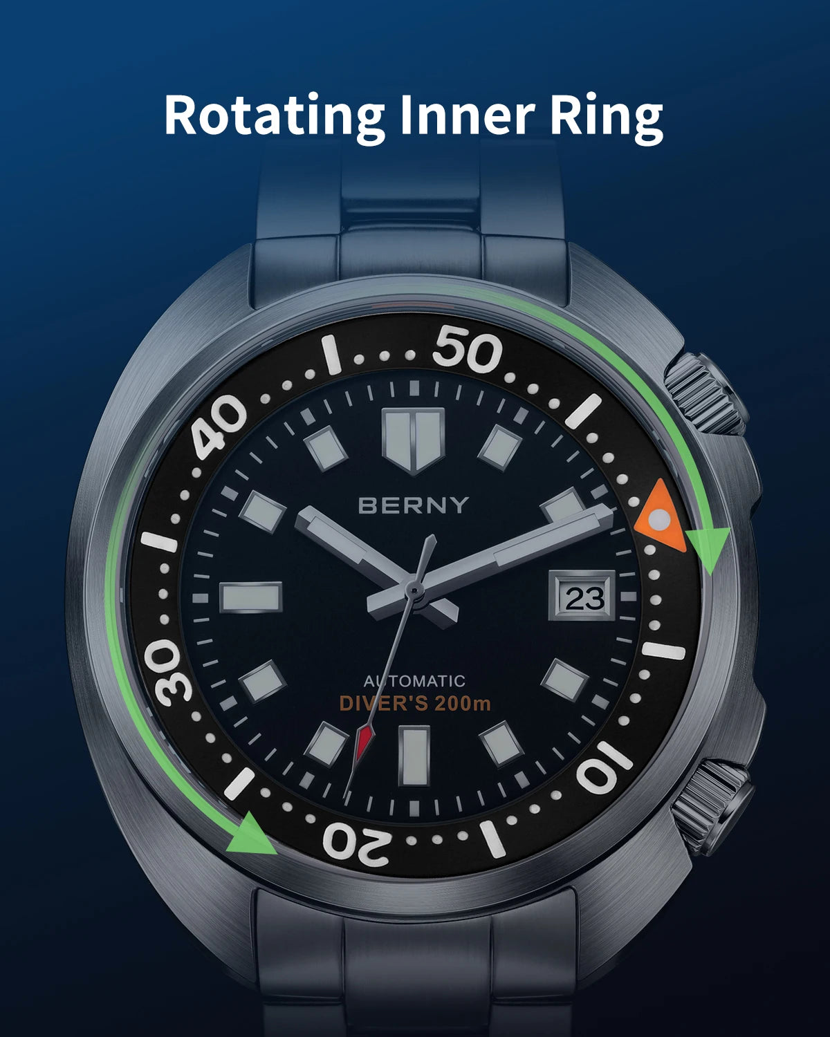 BERNY Automatic Dual Crown Diver Watch For Men Super Luminous Miyota 8215 Sapphire Swim Sport 20ATM Mechanical Men's Dive Watch