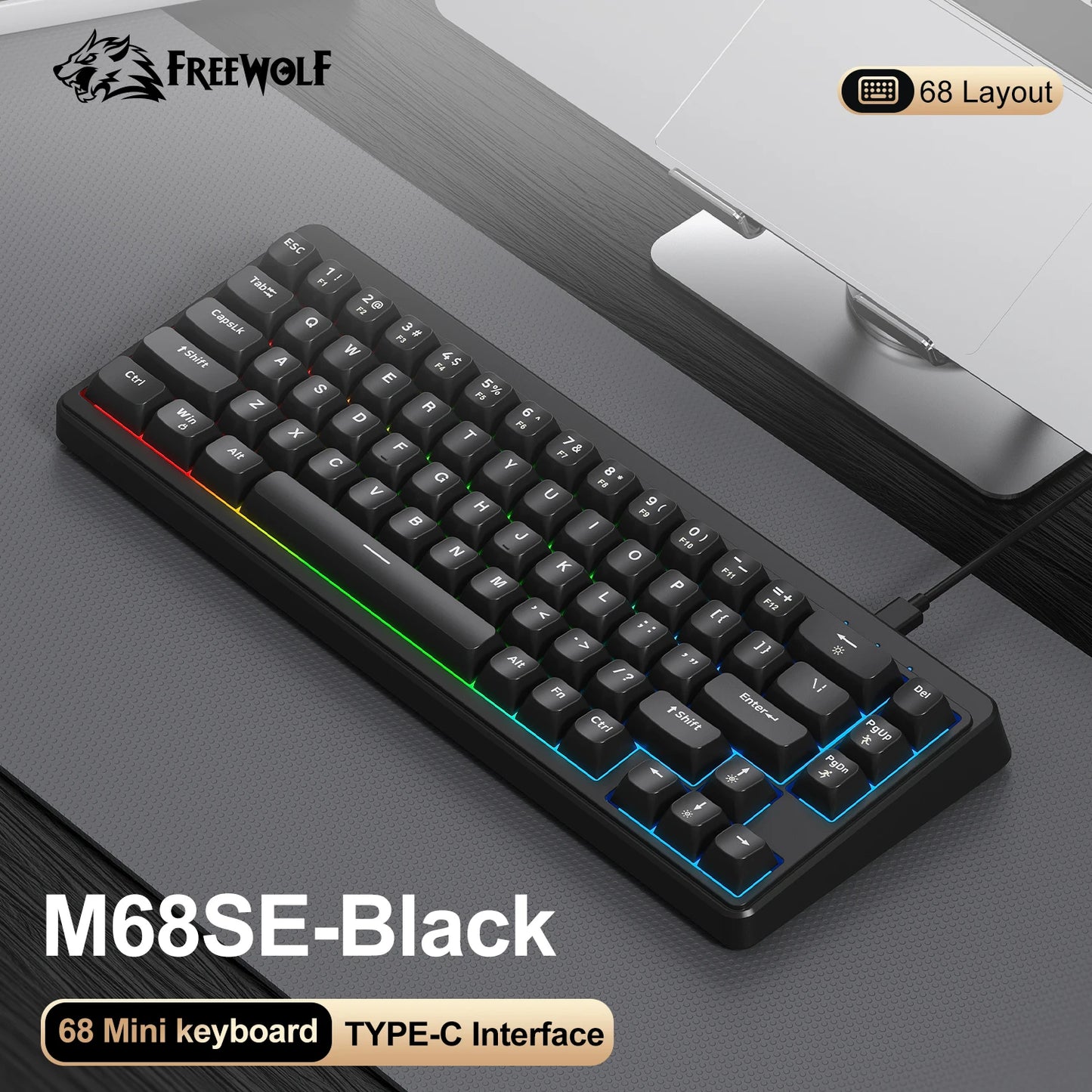 FREEWOLF M68SE Teclado con tacto mecánico de 68 teclas, mini teclado compacto con cable y silencioso para portátiles, gaming y uso de oficina
