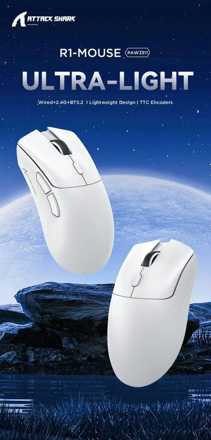 ATTACK SHARK R1 59g Ultra-Light Mouse with PAW3311, 18000 DPI, 400 IPS, 40G, 1000Hz, Tri-Mode, Broadcom BK3633 Master, 20 Million Times