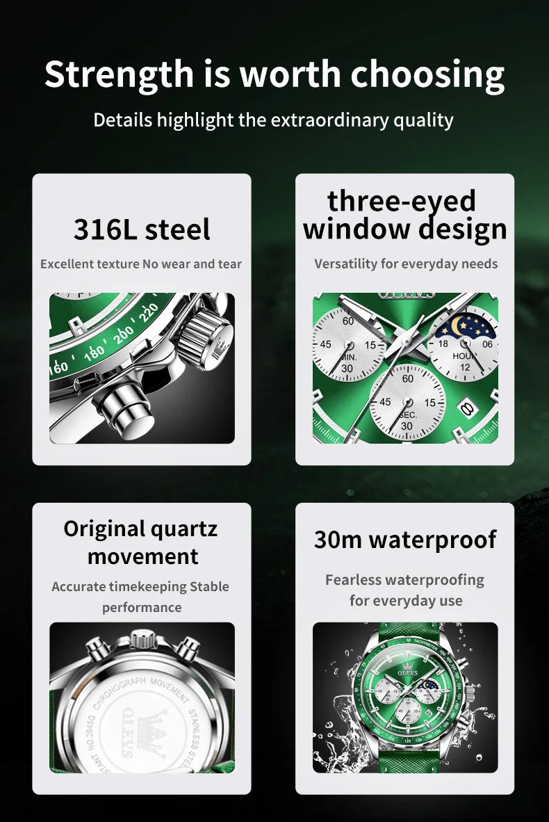 OLEVS Men's Watches Fashion Sports Green Watch For Men Multifunctional Quartz Wristwatches Men Waterproof Leather reloj hombre