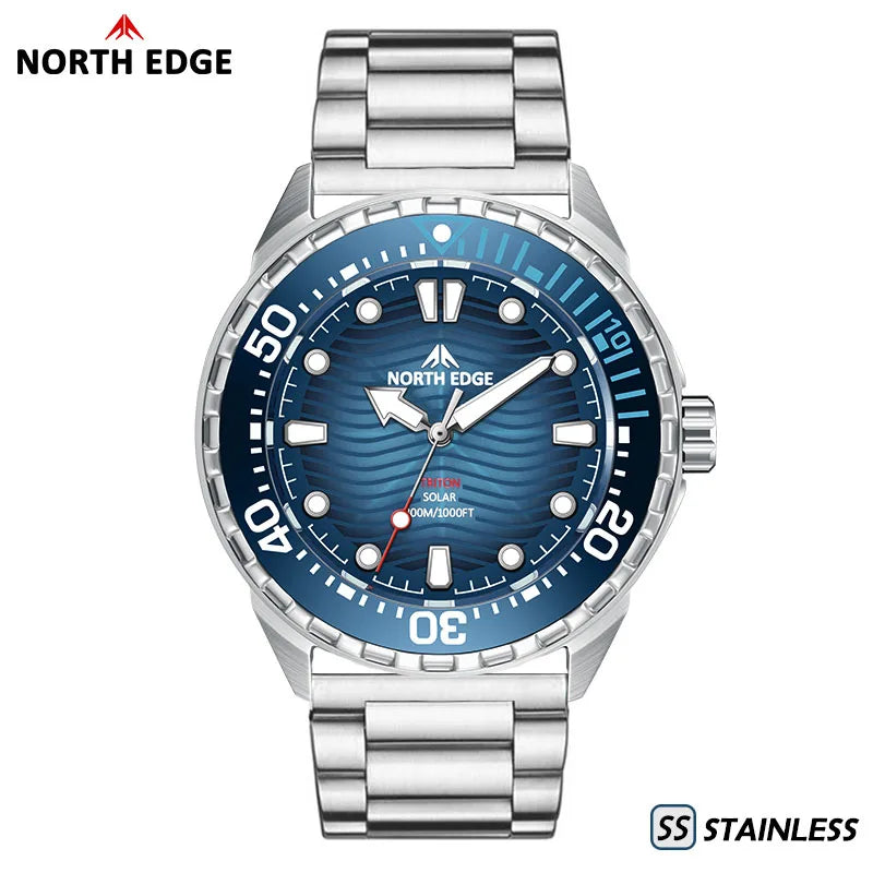 NORTH EDGE TRITON-TI Titanium Stainless Solar-Powered Diving Watch Luxury Quartz Watches For Men 300M Waterproof 180+ Day Power
