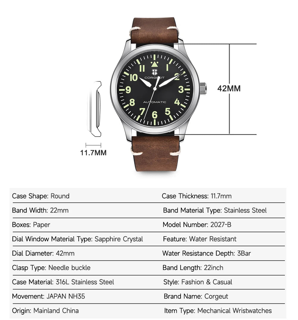 42mm Corgeut Sapphire miyota Watch Military Men Reloj Automatic Luxury Sport Design Clock Lume Leather Mechanical Wrist Watches