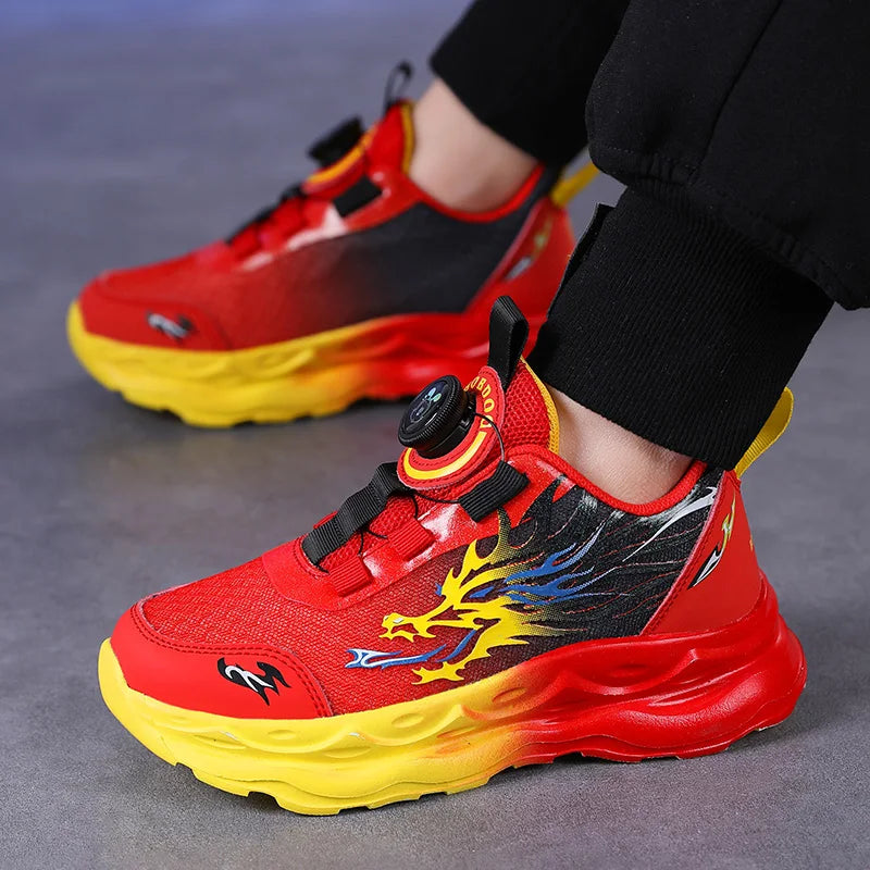 Childrens Sports Shoes Autumn Anti Slip Breathable New Student Rotating Button Boys Outdoor Shock-absorbing Mesh Running Shoes