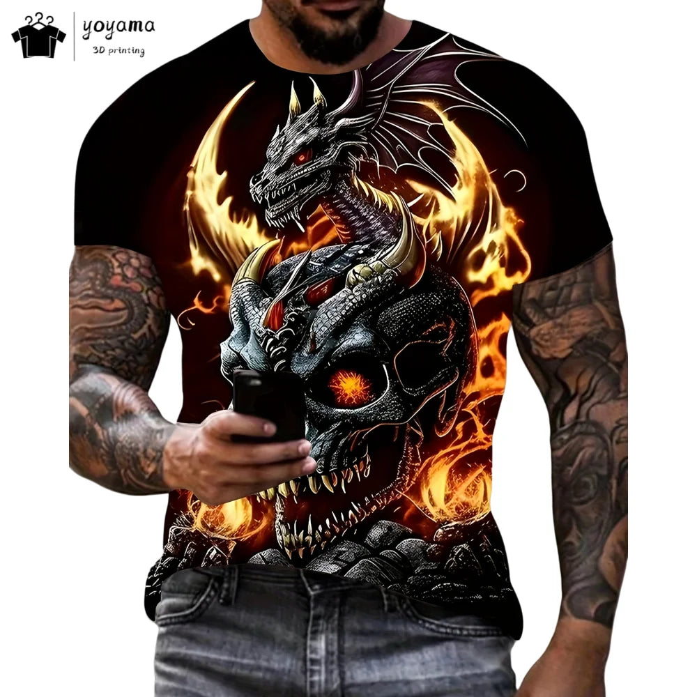 T-shirts för herr med drakmönster, kortärmad T-shirt, trendig streetwear-topp med O-ringning, djurmönster i 3D-tryck, lös och mångsidig herrklädsel