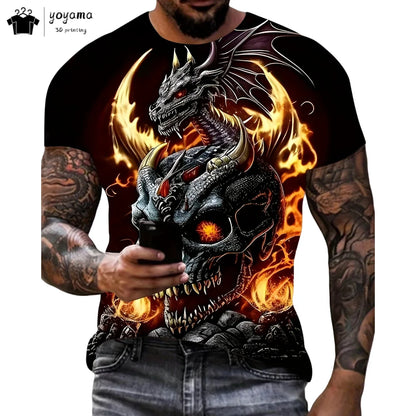 T-shirts för herr med drakmönster, kortärmad T-shirt, trendig streetwear-topp med O-ringning, djurmönster i 3D-tryck, lös och mångsidig herrklädsel