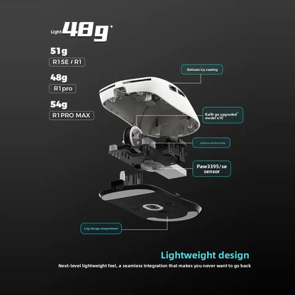 Mouse gaming ergonomic wireless VXE Dragonfly R1 ușor, senzor PAW3395, trei moduri, latență redusă, pentru PC, jucători, birou, cadou