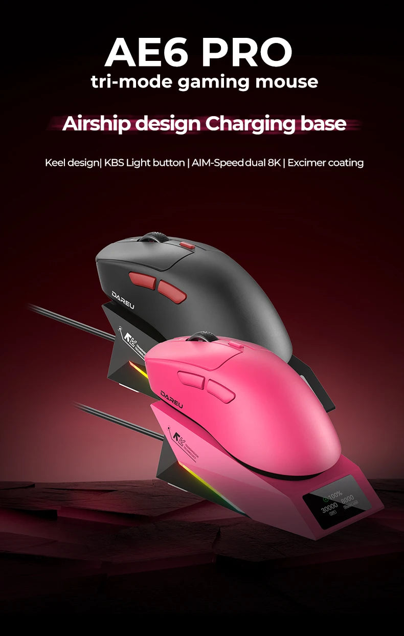 DAREU Kabellose Gaming-Maus 8khz Abtastrate AIM-750 (3950) 30000 DPI Tri-Mode-Gamer-Maus 60g mit Ladestation