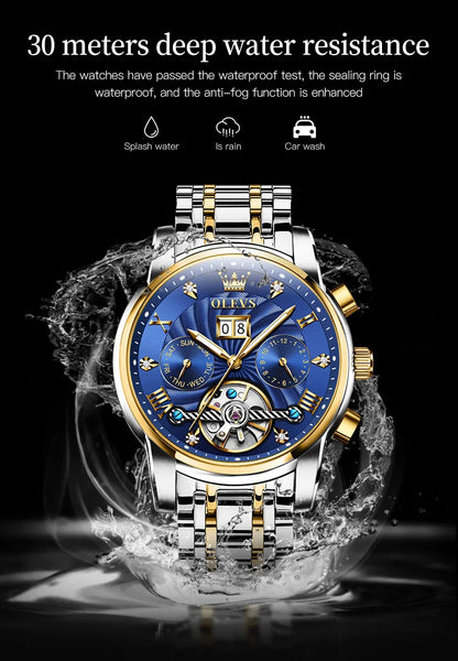 OLEVS 9910 Original Men's Automatic Mechanical Watch Luxury Skeleton Stainless steel Waterproof Luminous Watches