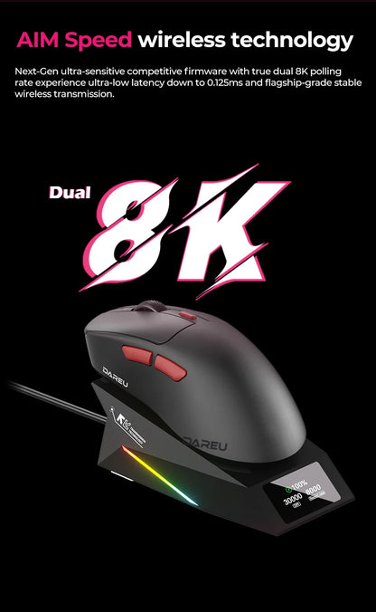 DAREU Kabellose Gaming-Maus 8khz Abtastrate AIM-750 (3950) 30000 DPI Tri-Mode-Gamer-Maus 60g mit Ladestation
