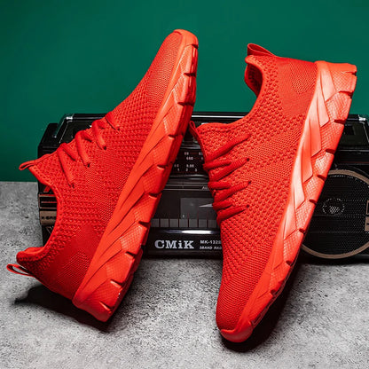Sapatos de homem Four Seasons novos tamanhos grandes em malha Flyknit, leves e respiráveis, sapatilhas desportivas casuais com sola macia para corrida ao ar livre