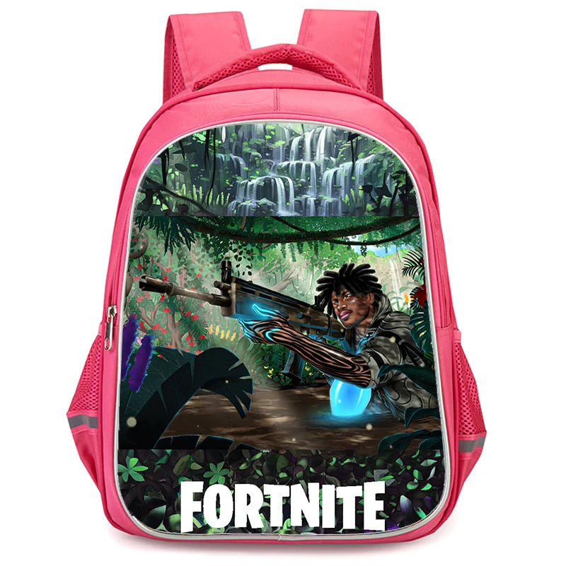 Mochila Fortnite Cartoon vermelha de 16" unissexo com fecho duplo, grande capacidade, mochila escolar para crianças, meninos e meninas dos 5 aos 8 anos