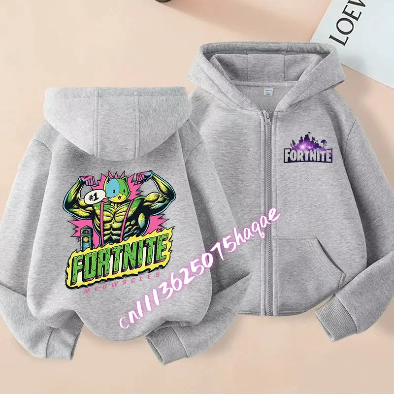 Casaco com capuz infantil Fortnite de outono, com fecho, estampado com personagem de jogo em estilo cartoon, casaco de inverno para criança, roupa para menino
