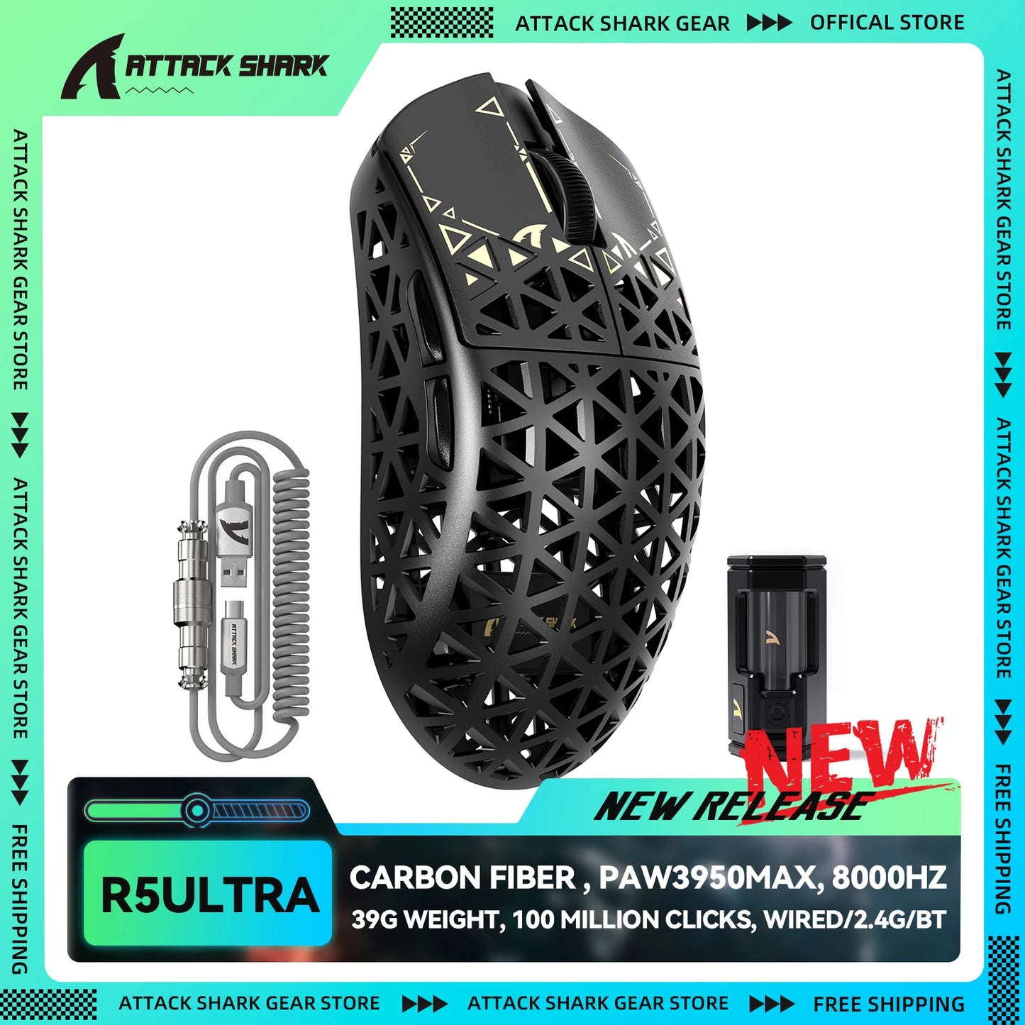 ATTACK SHARK R5Ultra Carbon Fiber Ασύρματο Gaming Mouse 8K PAW3950MAX με Σπειροειδές Καλώδιο 8K