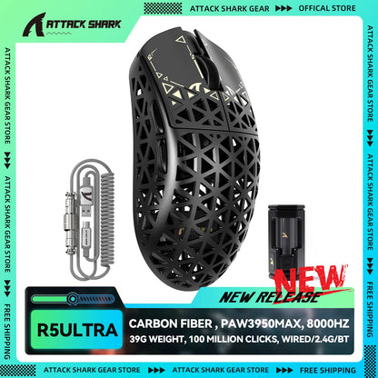 ATTACK SHARK R5Ultra Carbon Fiber Ασύρματο Gaming Mouse 8K PAW3950MAX με Σπειροειδές Καλώδιο 8K