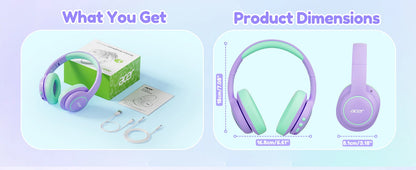 Acer Kids Bluetooth 6.0 Headphones Over Ear Headsets with Mic 75H Playtime 85dBA Safe Volume USB C Fast Charging for IPad Tablet
