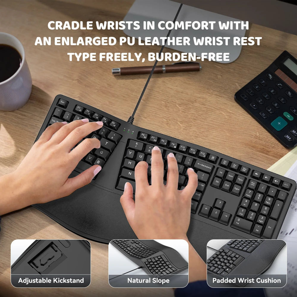 K9 ergonomische geteilte USB-Kabeltastatur mit Handballenauflage, 110 Tasten, Gaming-Tastatur für Business-Büros