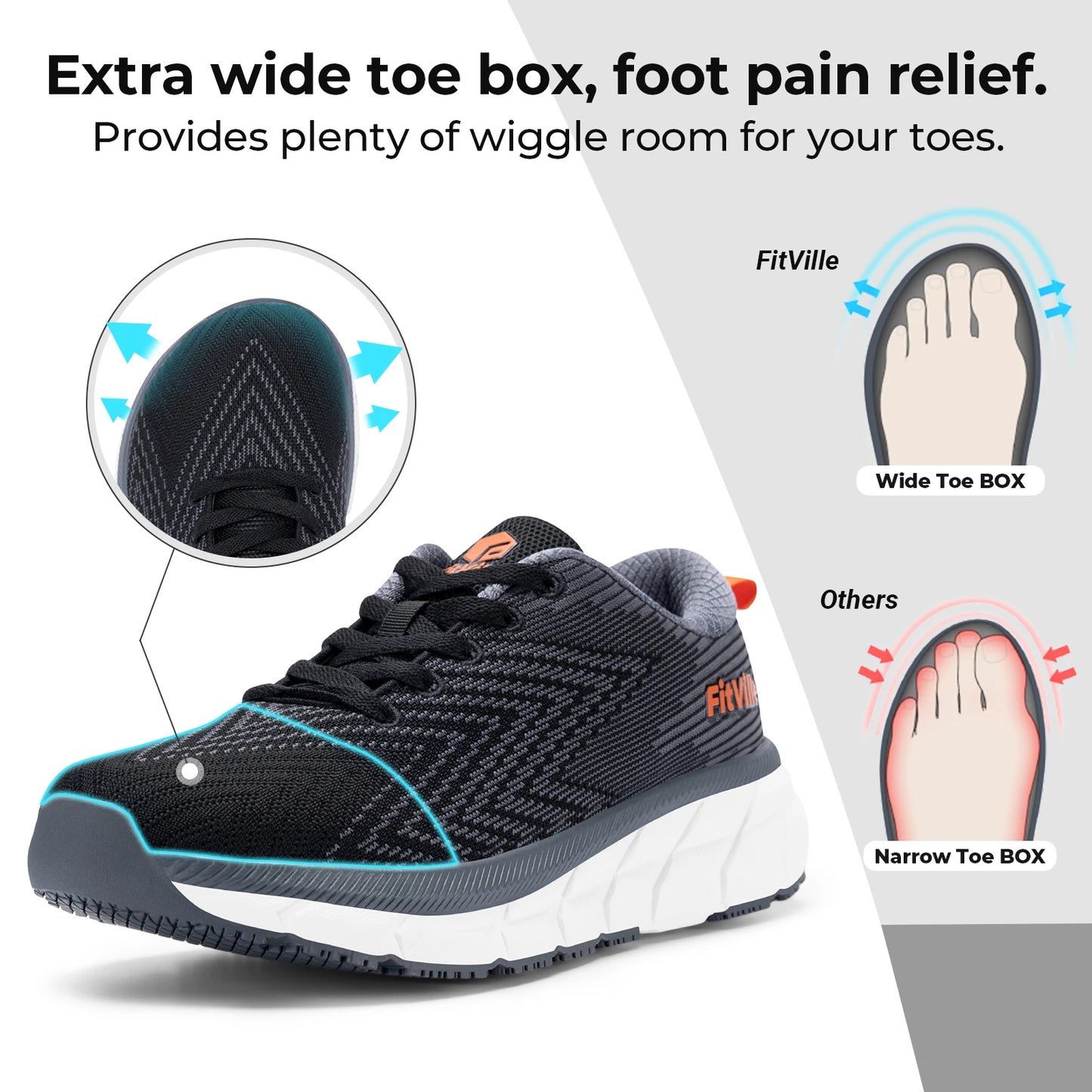 FitVille Men's Shoes Wide Toe Box Cushioned Extra Wide Width Non-Slip Running Shoe Comfortable Lightweight Sneakers For Wide Feet