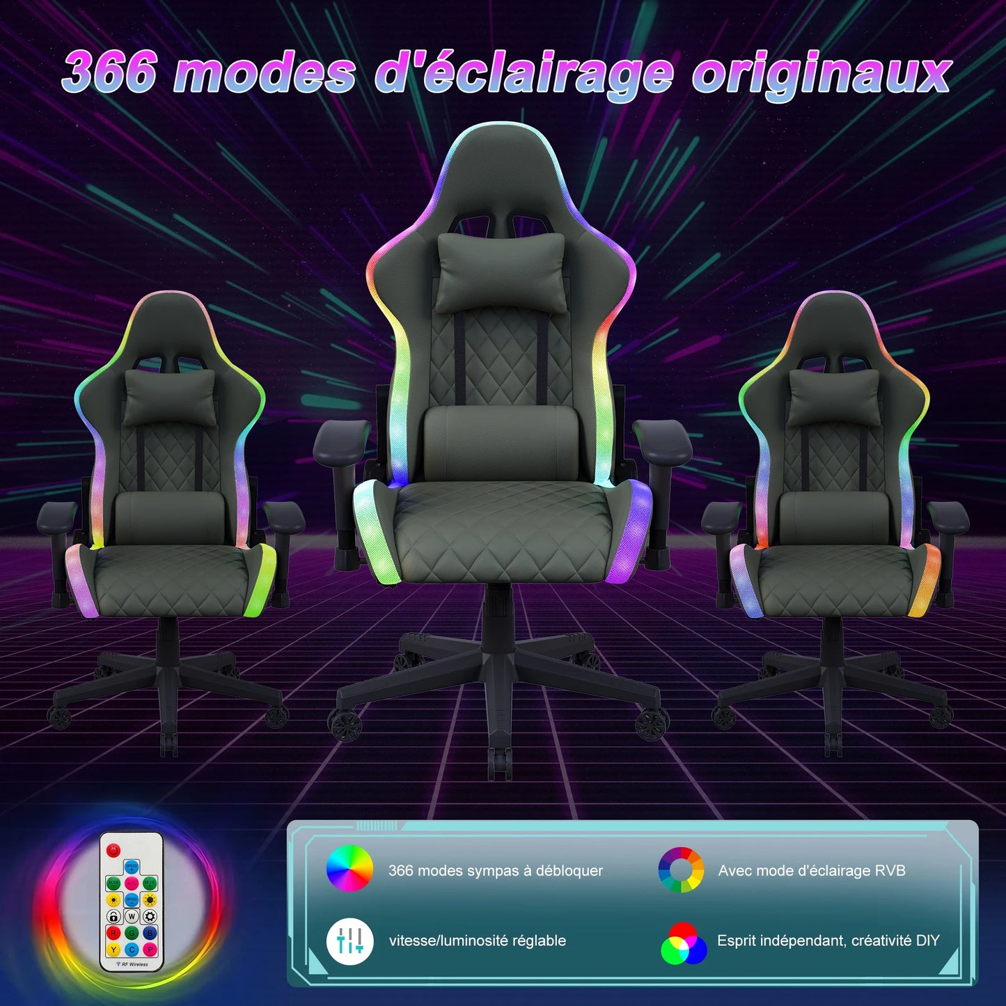 Ergonomic Gaming Chair with LED RGB Lights, Adjustable Gamer Chair with Lumbar Massage Support, Reclining Computer Chair for Teens & Adults