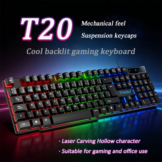 T20 Wired keyboard 104keys computer accessories game office RGB backlit mechanical feel Laser Carving Hollow character