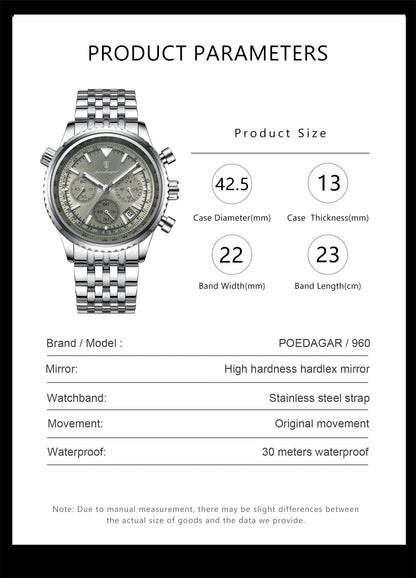 POEDAGAR Fashion Men's Quartz Watch Stainless Steel Waterproof Luminous Man Watch Chronograph Date Multifunction Watches For Men