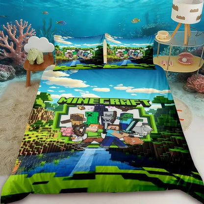 Funda nórdica infantil de dibujos animados Minecraft, juego de ropa de cama con funda de edredón, tamaños Queen, King y Full, con 1/2 fundas de almohada para dormitorio