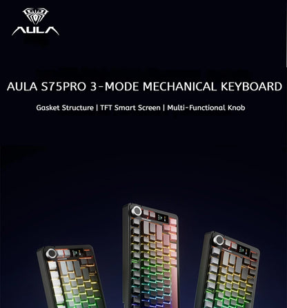 Tastiera meccanica AULA S75 PRO 75% layout personalizzato, retroilluminazione RGB, wireless Bluetooth, tastiera da gaming con schermo e manopola
