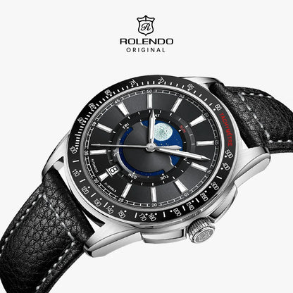 ROLENDO 1908 Men Automatic Mechanical Watch 21 Jewels Black Genuine Leather Business Wristwatch Waterproof Luxury Male Timepiece