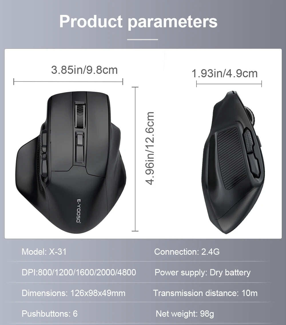 Rato Gaming Sem Fios E-YOOSO X-31 USB 2.4G de Grande Dimensão para Mãos Grandes, PAW3212, 4800 DPI, 5 Botões, para Gamer, Computador Portátil e PC