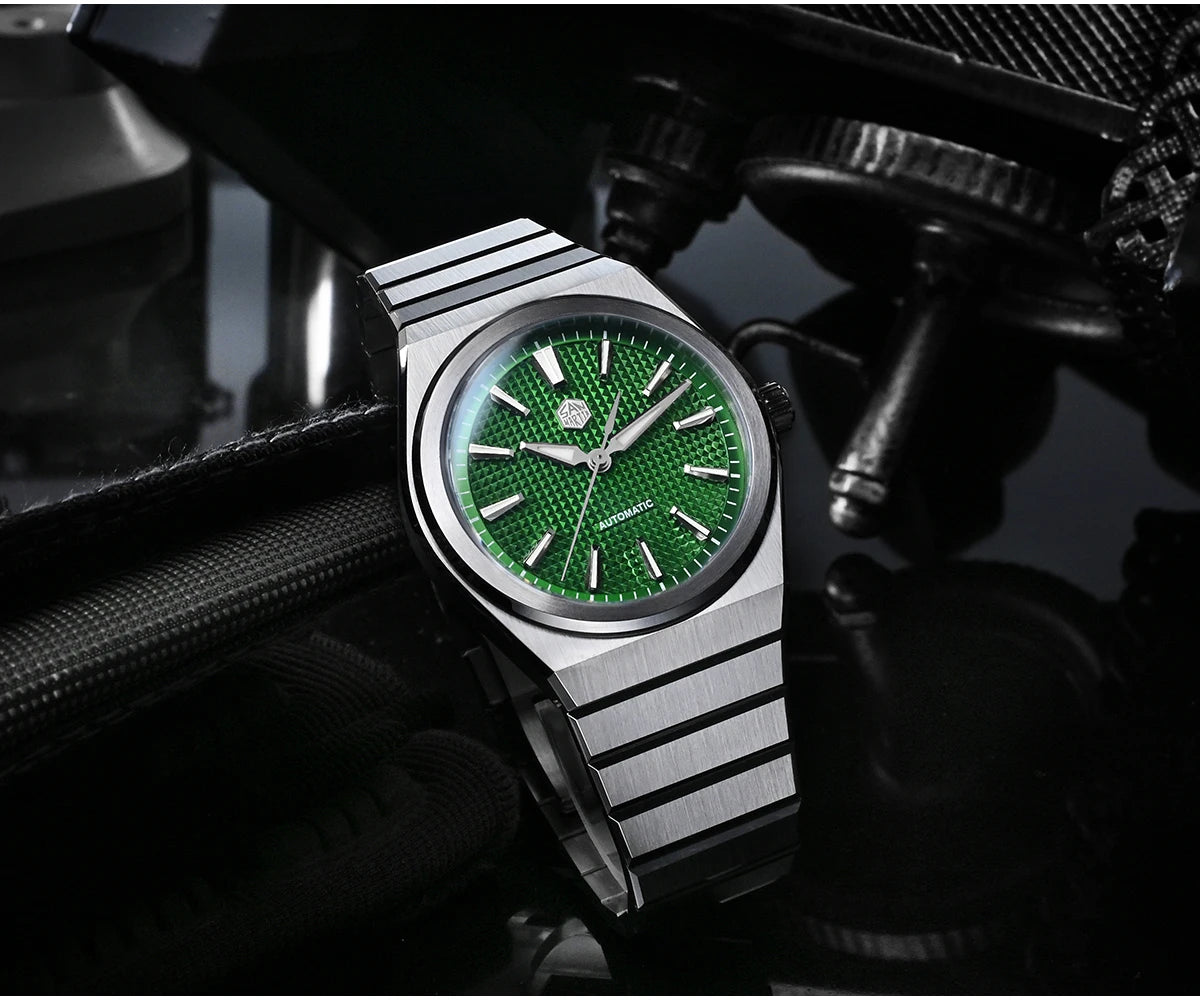 San Martin 39mm Luxury Men Sports Watch Waffle Dial Integrated Bracelet Miyota 90S5 Automatic Mechanical Clear Caseback SN0152