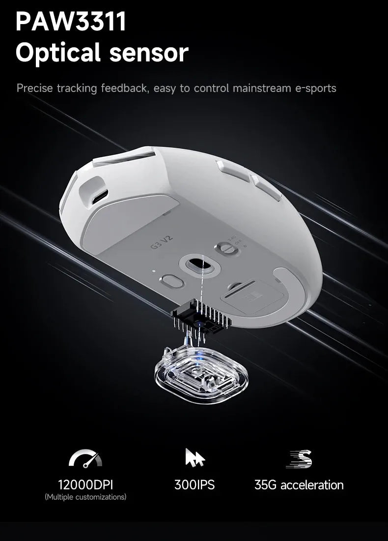 Bezdrátová e-sportovní myš MCHOSE G3 V2 Pro, lehká, tři režimy, Bluetooth, PAW3395, vysoký výkon, 800mAh, pro hry i kancelář, 59g myš