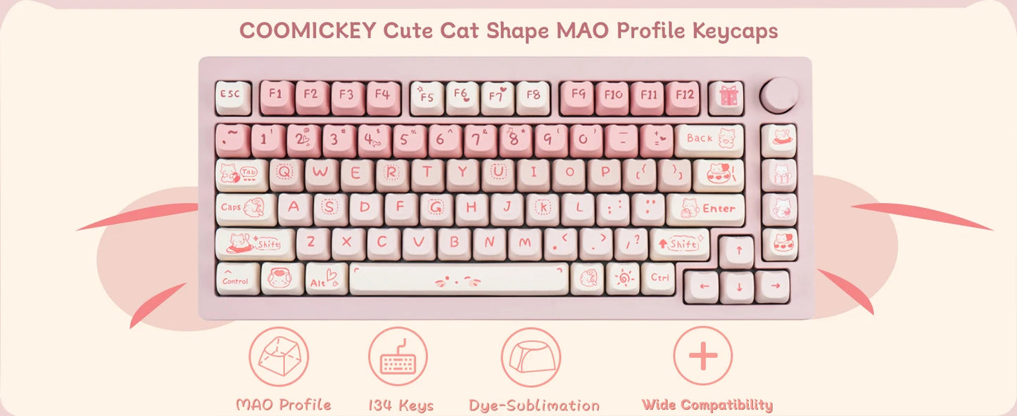 Pink Kitten, Girl MAO Keycap PBT 134 Keys, Customized for 60/84/98/108 Mechanical Keyboard