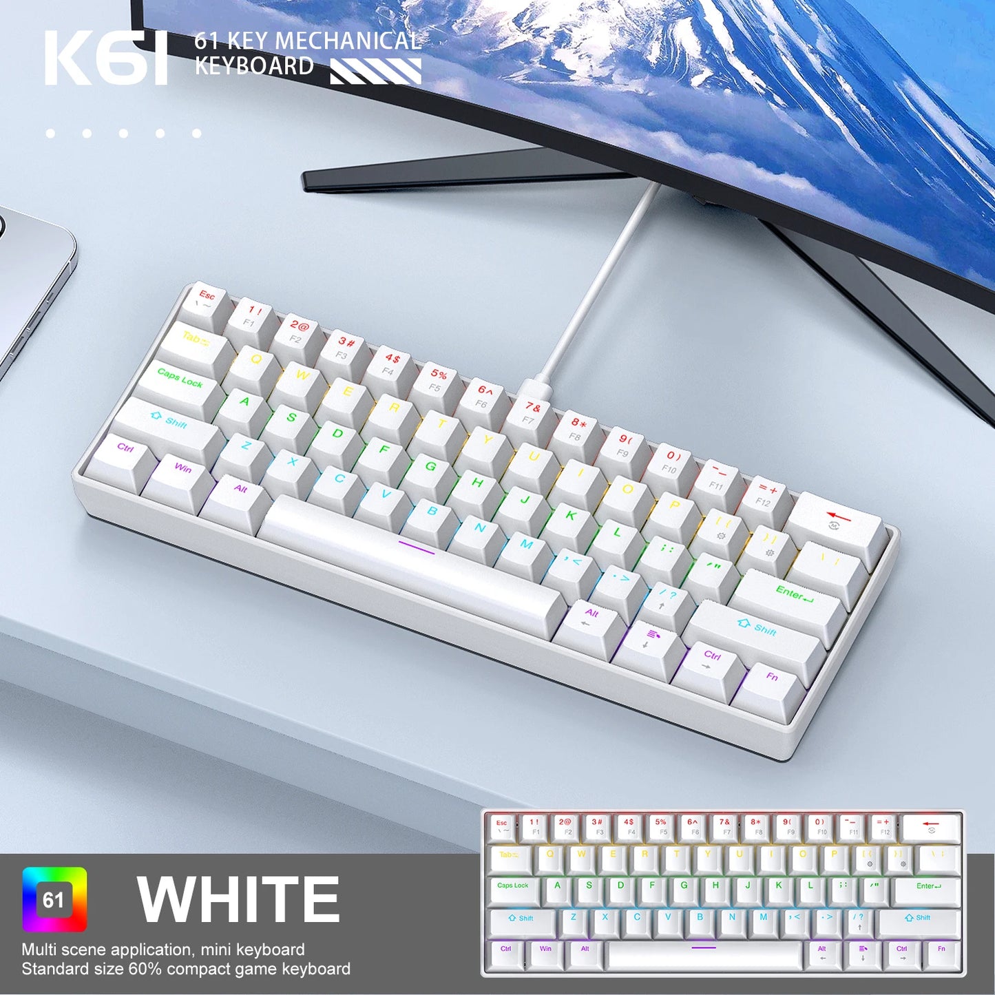 APAYADO K61 60% mini laidinė mechaninė žaidimų klaviatūra Phantom RGB, 61 klavišas, raudoni / mėlyni jungikliai, ergonomiška, nešiojama, skirta PC / nešiojamajam kompiuteriui