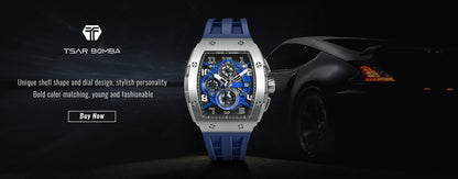 TSAR BOMBA Uhr für Herren, Luxusmarke, Tonneau-Design, wasserdichte Uhr, Edelstahl-Armbanduhr, modische rechteckige Herrenuhr