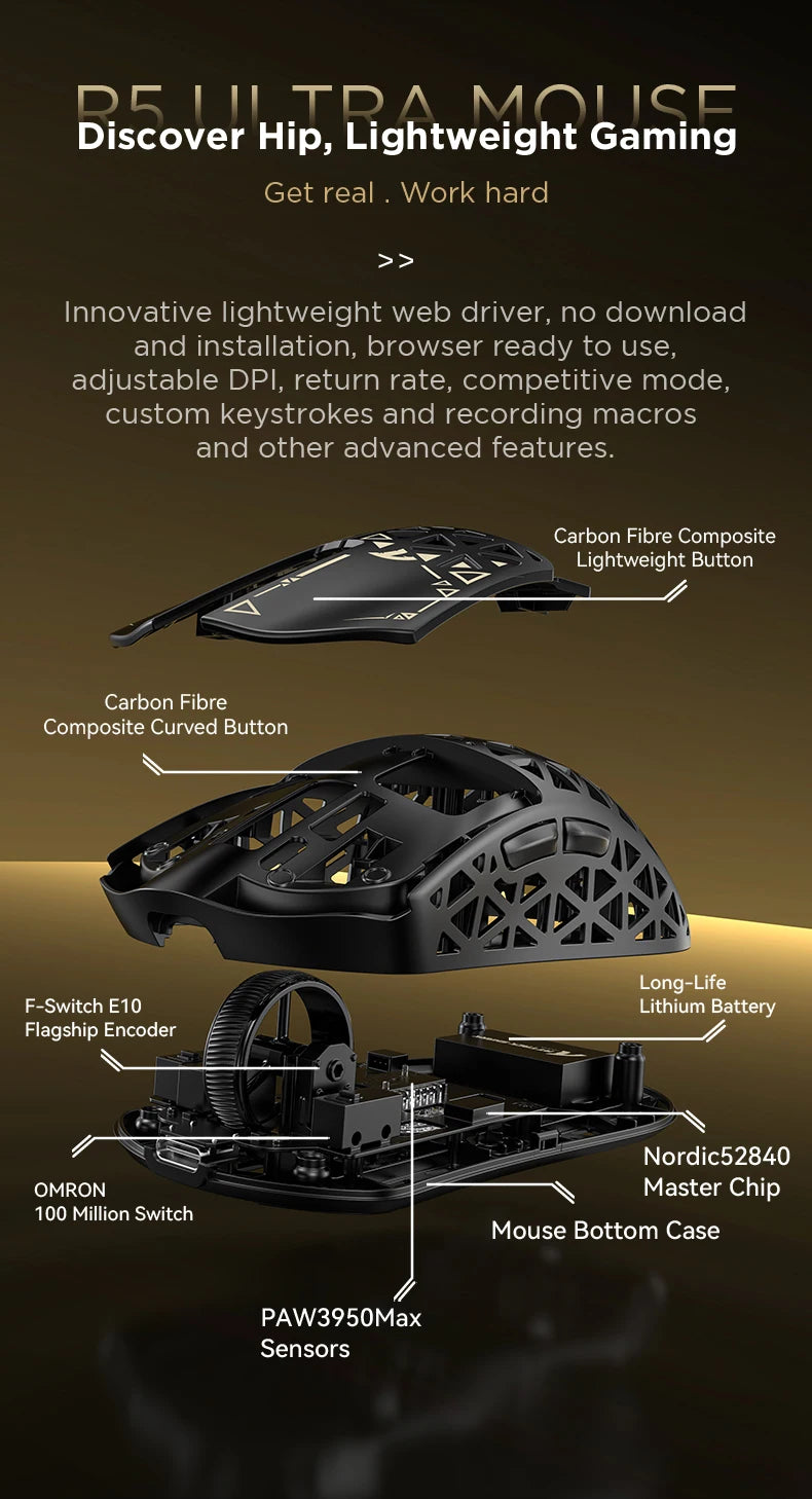 Rato Gaming Sem Fios ATTACK SHARK R5 Ultra em Fibra de Carbono, Sensor Gaming PixArt PAW3950MAX, 42000DPI, 8000Hz, MCU Nordic 52840