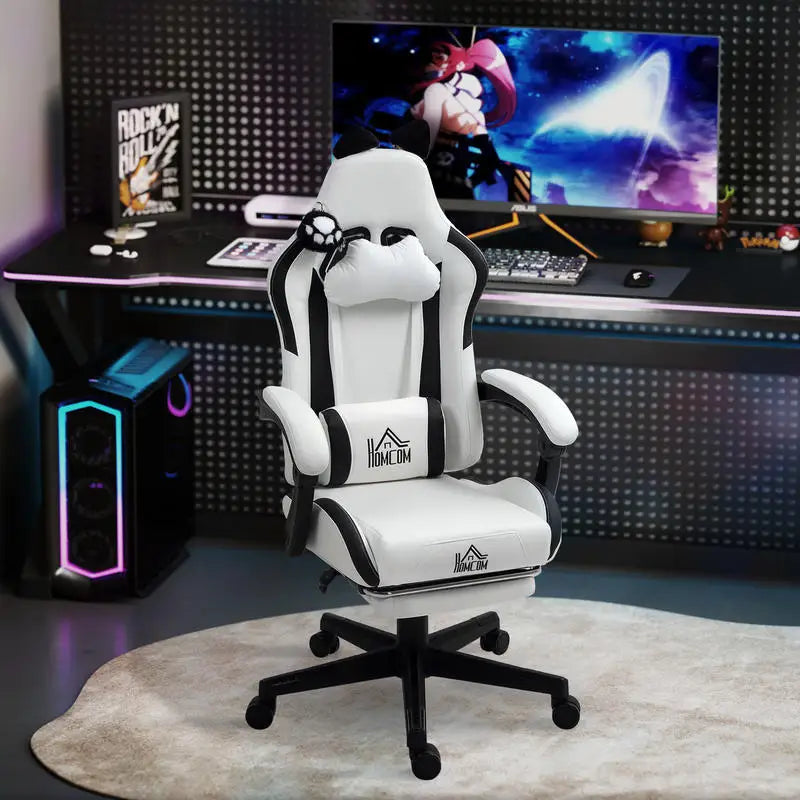 Cute Cat Shaped Gaming Chair with Removable Cat Ears and Paws,Retractable Footrest, Lumbar Head Support, 360° Swivel Gamer Chair