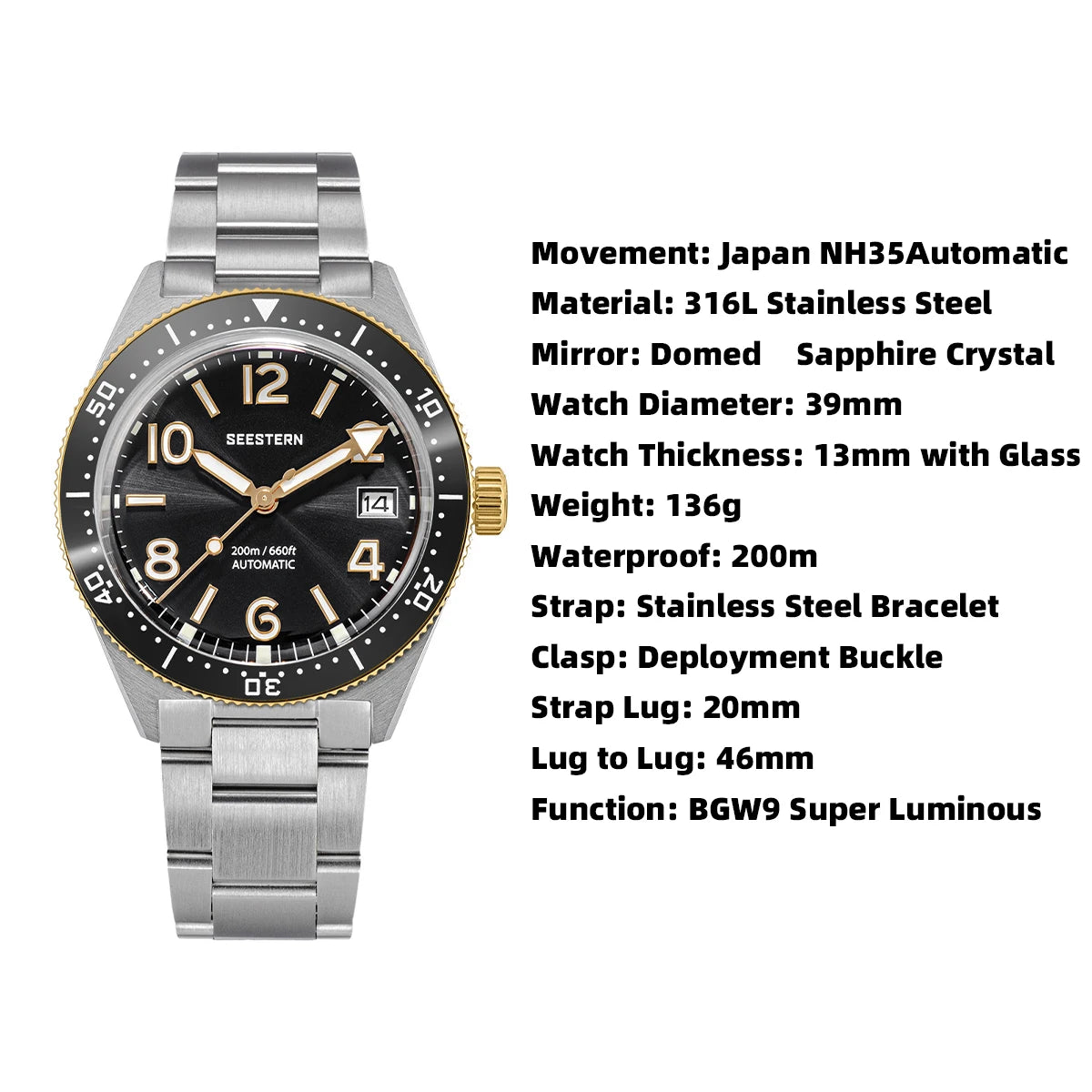 SEESTERN Diver Men Watch Automatic Mechanical Wristwatches NH35 Movement Ceramic Bezel 20Bar Waterproof Sapphire Luminou S434-2