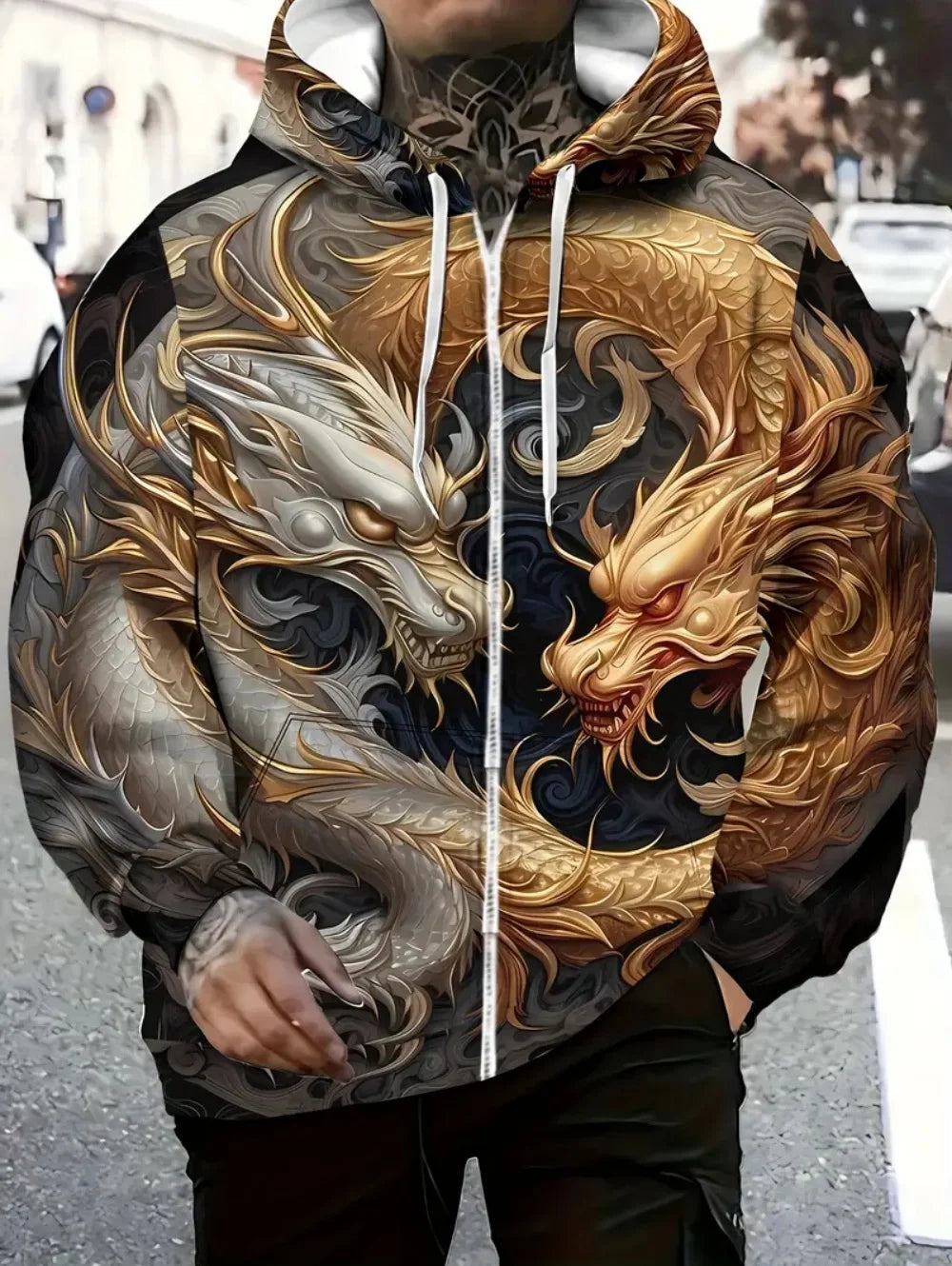 Sweatshirt com capuz e fecho de correr para homem, com estampado de dragão, cordão ajustável, manga comprida, corte oversize, para atividades ao ar livre e viagens, outono/inverno