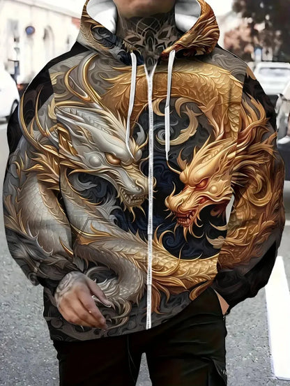 Sweatshirt com capuz e fecho de correr para homem, com estampado de dragão, cordão ajustável, manga comprida, corte oversize, para atividades ao ar livre e viagens, outono/inverno