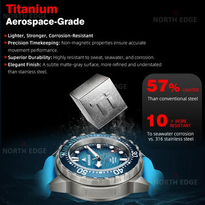 NORTH EDGE 2025 NEW+ TRITON-TI Titanium Solar-Powered Diving Watch Luxury Quartz Watches for Men 300M Waterproof 180+ Day Power
