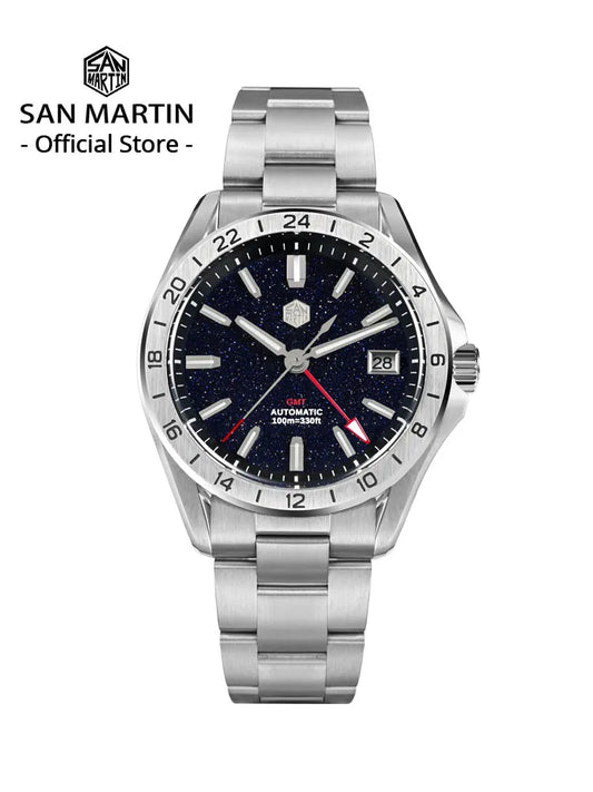 San Martin 39mm Luxus-Herrenuhr mit Aventurin-Edelstein-Zifferblatt, NH34 GMT, Automatikwerk, Saphirglas, wasserdicht, leuchtend, SN0129