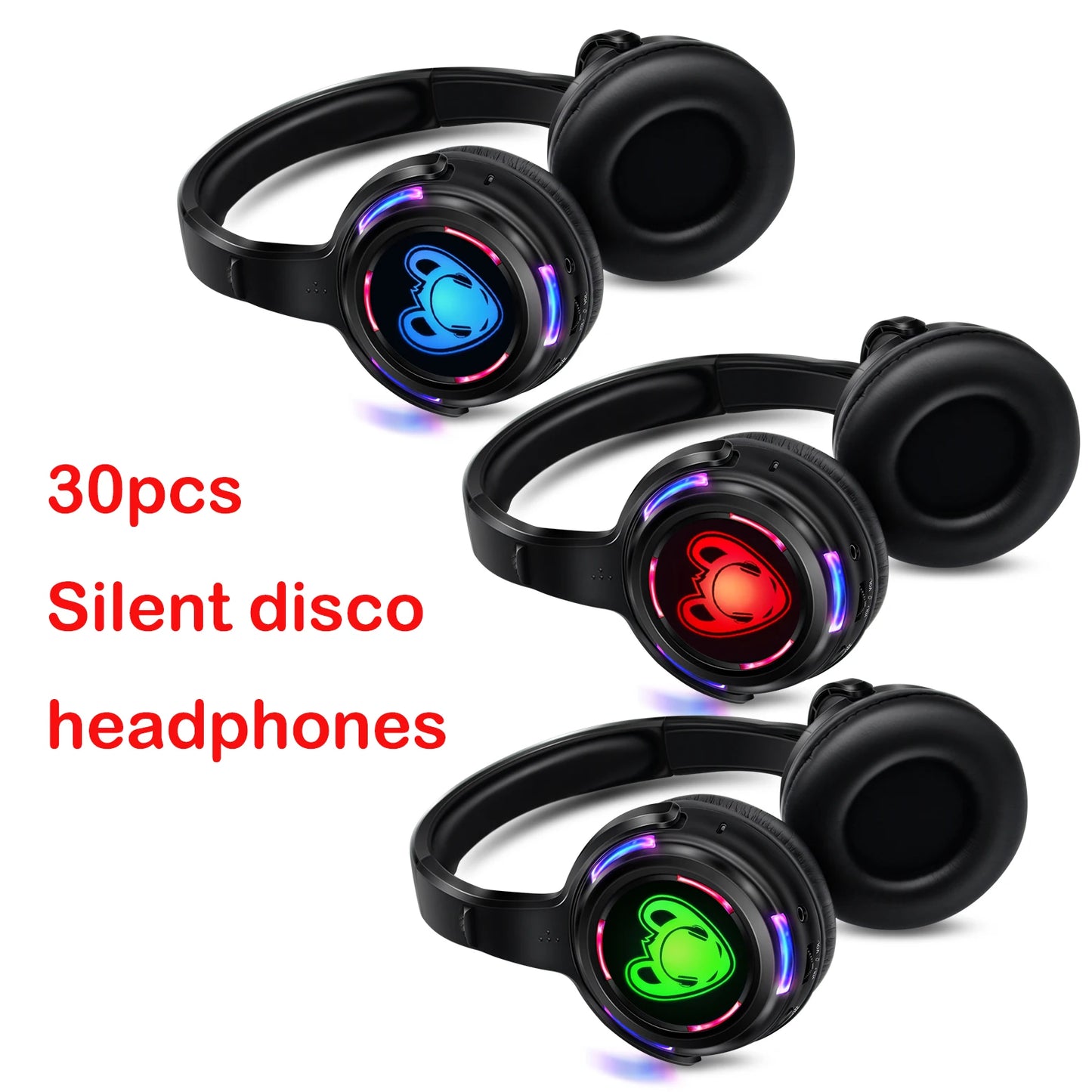 Auscultadores sem fios Silent Disco RF LED DJ Party 863–865MHz/915MHz com iluminação LED de 3 canais e bateria de 10H