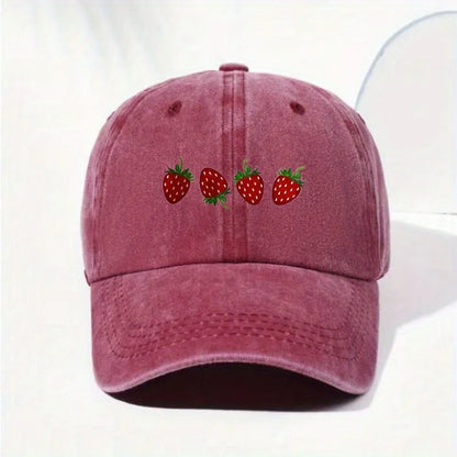 Cappellino da baseball con stampa a fragole e visiera regolabile, cappellino alla moda con visiera a becco d’anatra per uomo e donna, design con parte superiore morbida