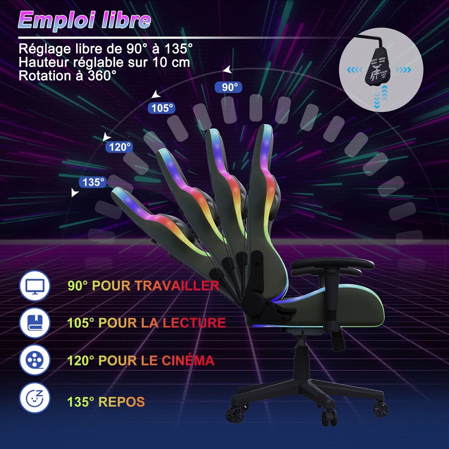 LED Gaming Chair Ergonomic PU Leather Office Chair with Adjustable Backrest, Lumbar Support Pillow, Footrest & RGB Lights
