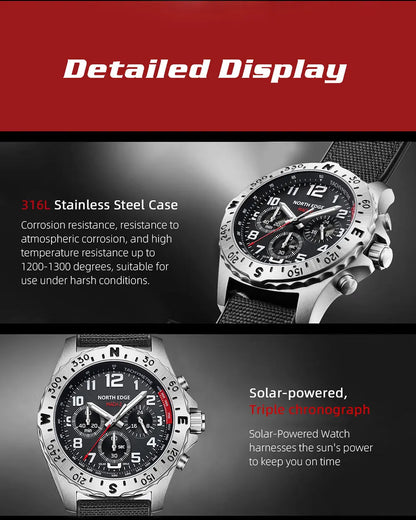 NORTH EDGE  Men's Watches Solar Power 316 stainless steel Case Quartz Watch For Men Pilot Waterproof 50M Stopwatch