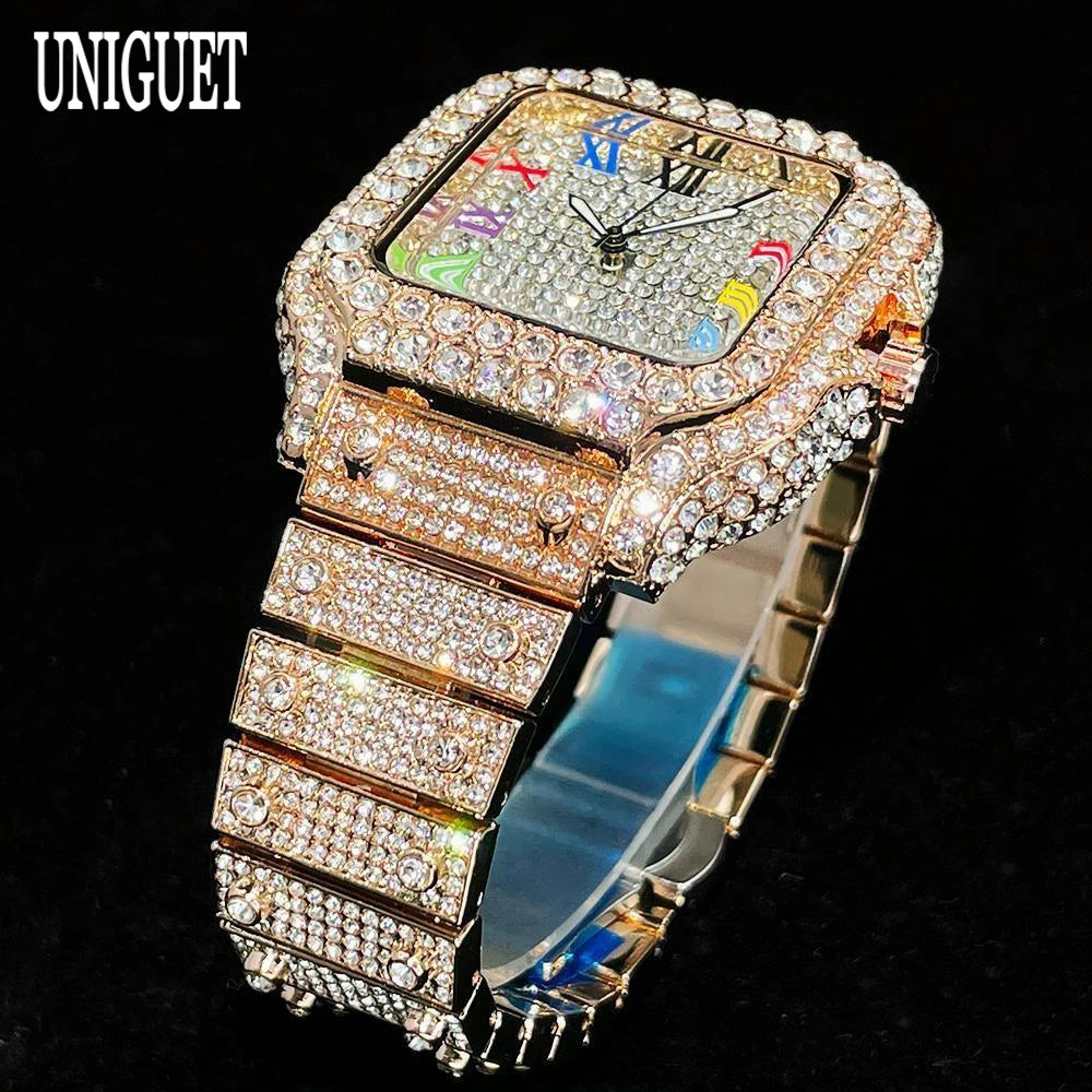 UNIGUET Big Diamond Watch Men Luxury Colored Roman Literal Watch Man Hip Hop Jewelry Bling Bling Square Wristwatch Dropshipping