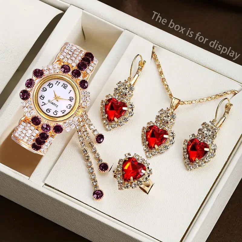 5PCS Luxury Rhinestone Women Watches Jewelry Set Fashion Adjustable Bangle Ladies Quartz Wristwatch Reloj Mujer（Without Box）