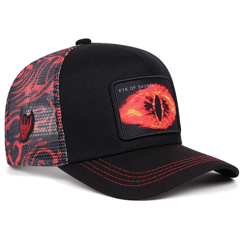 Cappellino da baseball con graffiti “Occhio di Sauron”, cappellino in rete stile hip hop, cappellino da camionista