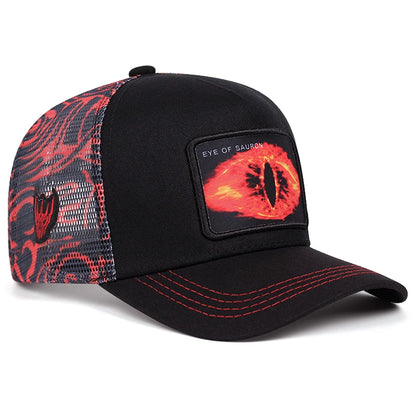 Cappellino da baseball con graffiti “Occhio di Sauron”, cappellino in rete stile hip hop, cappellino da camionista