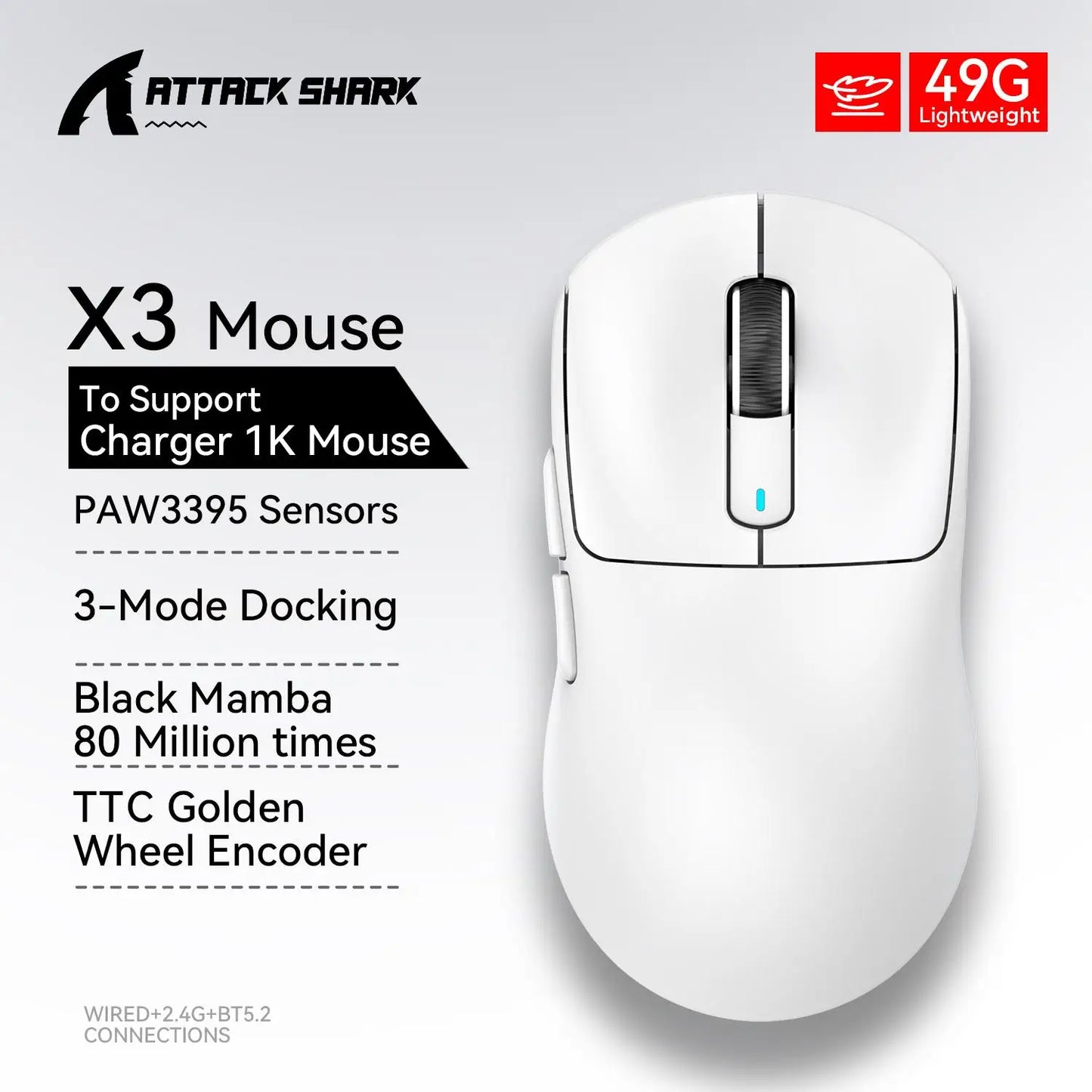 X3 vezeték nélküli gamer egér ATTACK SHARK, piros, 4K válaszidő, Bluetooth hárommódú kapcsolat, PAW3395, makrós Bluetooth gamer egér