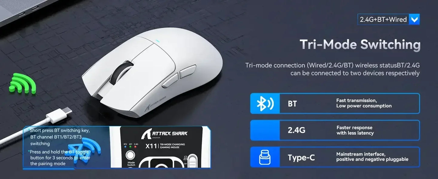 ATTACK SHARK X11 Wireless Gaming Mouse with Charging Dock, PAW3311 Sensor, 22,000 DPI, Tri-Mode Bluetooth 2.4G & Wired Gaming Mouse